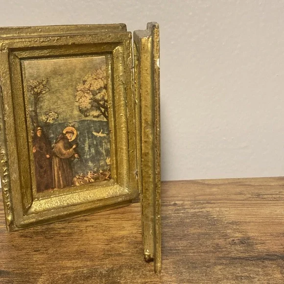Antique Gold Gilt Florentine Wood Diptych Saint Francis Assisi A SIMPLE PRAYER - Picture 7 of 15